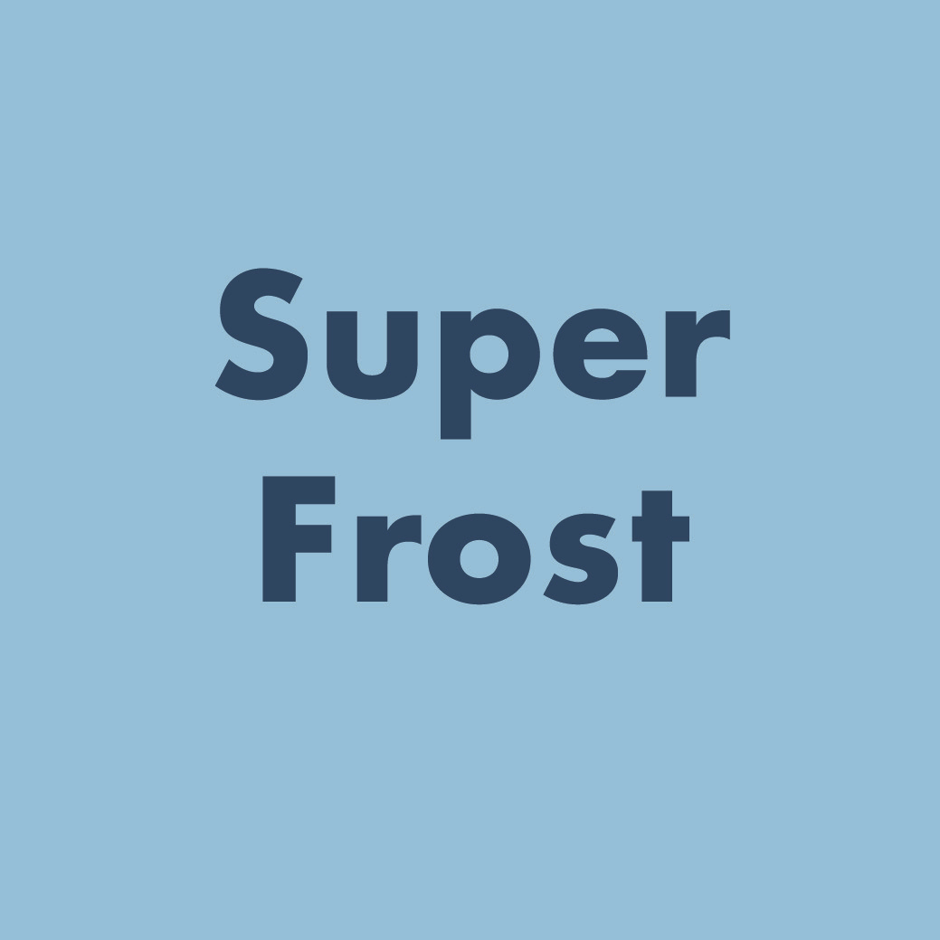 Text on a light blue background reads "Super Frost" in bold, dark blue letters.