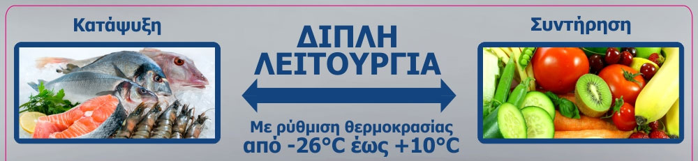 Image shows two sections: one for freezing seafood and another for storing fruits and vegetables, with temperature settings indicated.