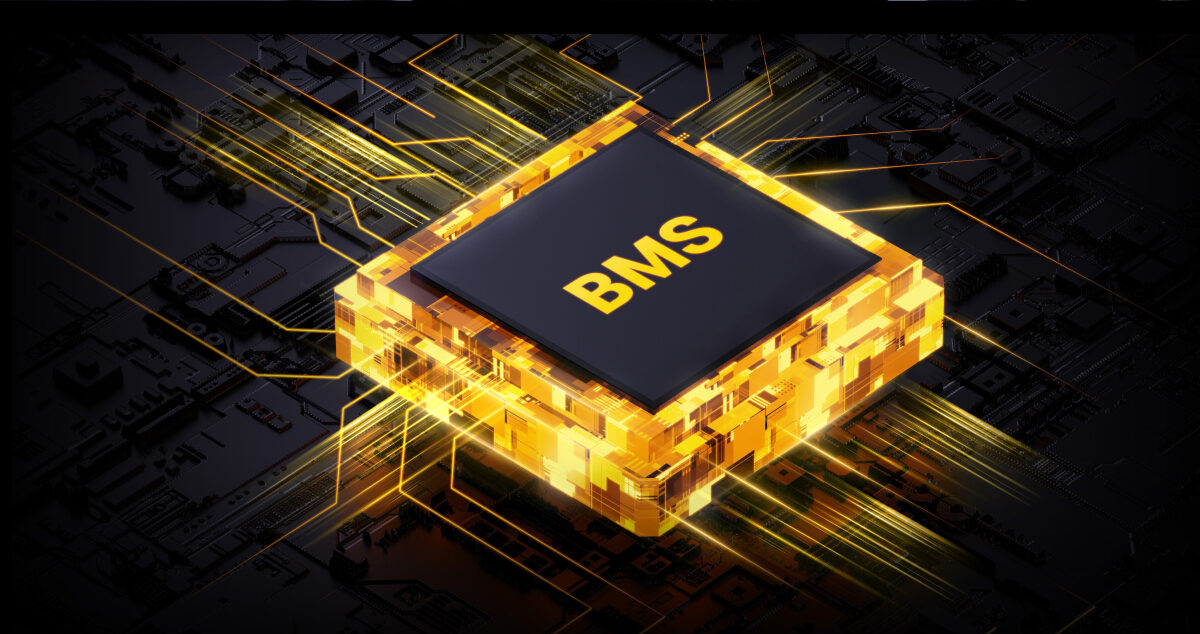 A glowing yellow and black microchip labeled "BMS" with circuit patterns and light effects on a dark background.
