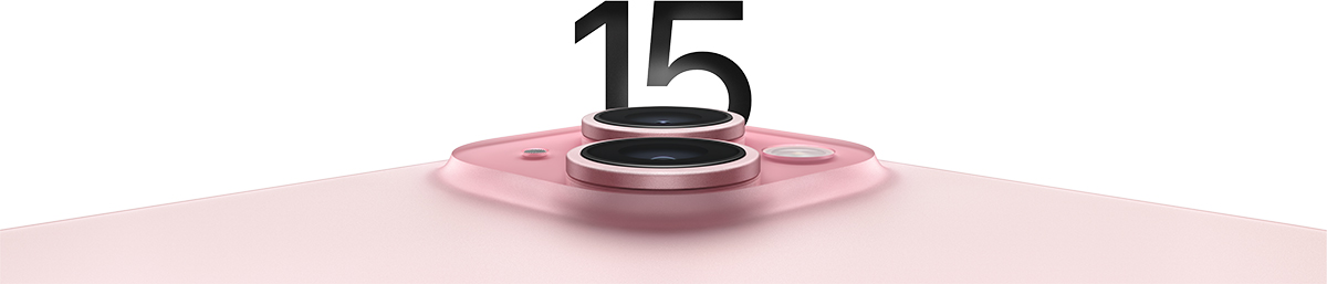 A close-up of a pink smartphone's camera module, featuring dual lenses and the number "15" above it.
