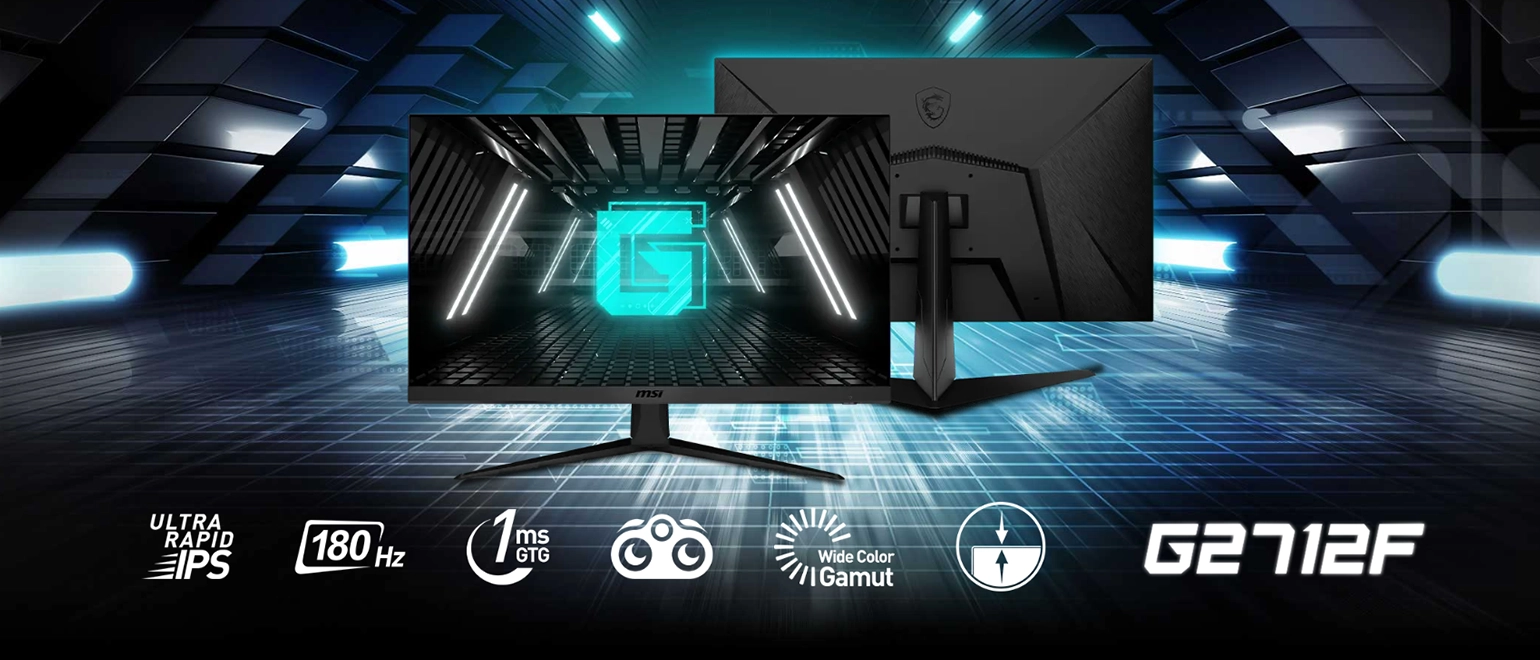A sleek gaming monitor with a futuristic design, showcasing vibrant graphics and features like 180Hz refresh rate and ultra-rapid IPS technology.
